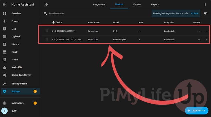 List of Bambu Lab Devices Integrated in to Home Assistant