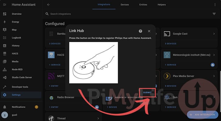 Press Submit to Confirm Philips Hue link to Home Assistant