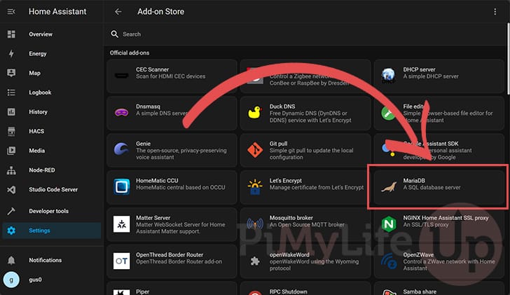 Select MariaDB Add-on on Home Assistant