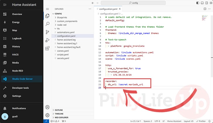 Insert line to configuration.yml to use MariaDB