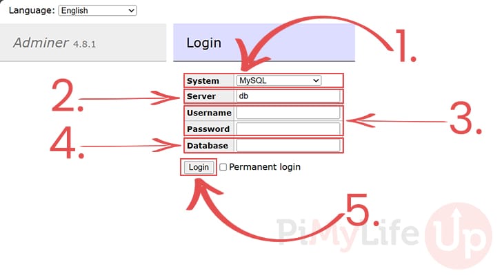 Login to Adminer on the Raspberry Pi