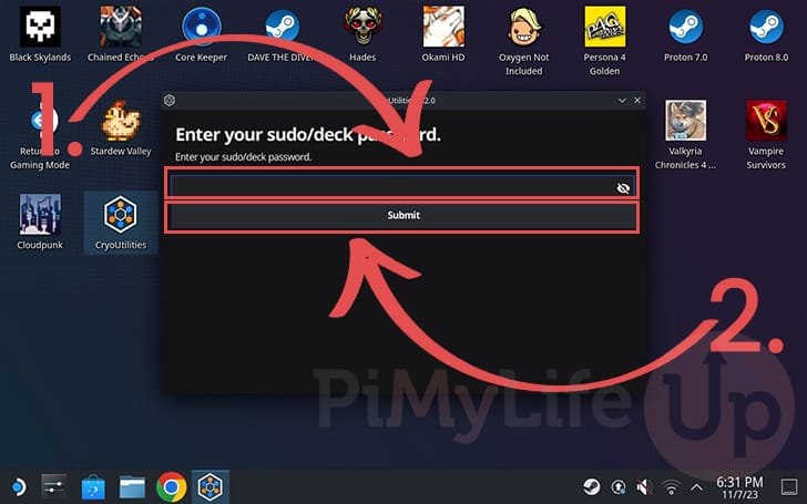 Enter sudo password to use CryoUtilities on the Steam Deck