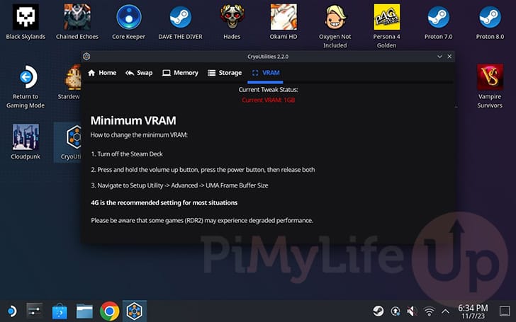 CryoUtilities steps to change the Steam Deck VRAM Settings