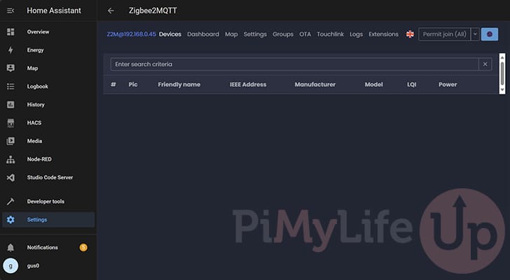 Zigbee2MQTT web interface open in Home Assistant