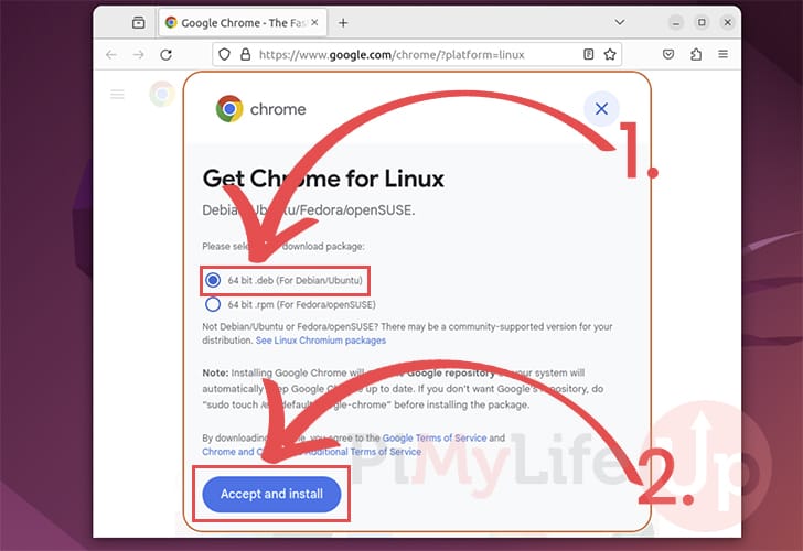 Accept and Download Google Chrome Installer to Ubuntu