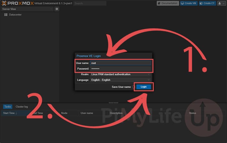 Login to Proxmox VE on the Raspberry Pi