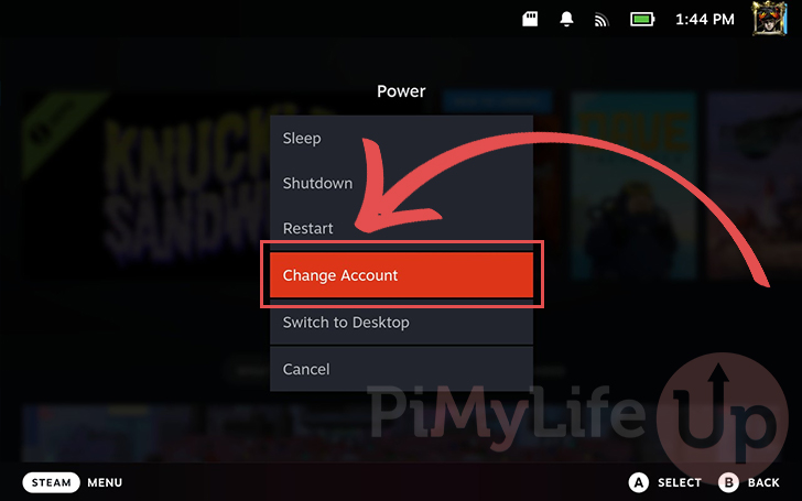 Select Change Account Option on the Steam Deck
