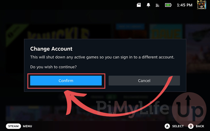 Confirm to Change Accounts on the Steam Deck