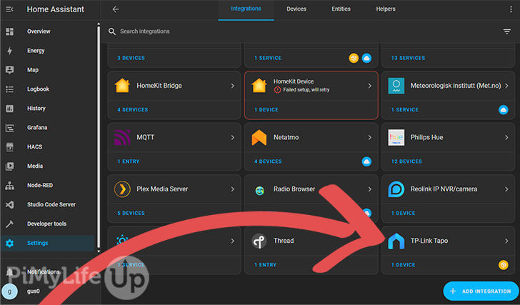 Click on the TP-Link Tapo Integration on the Integrations page