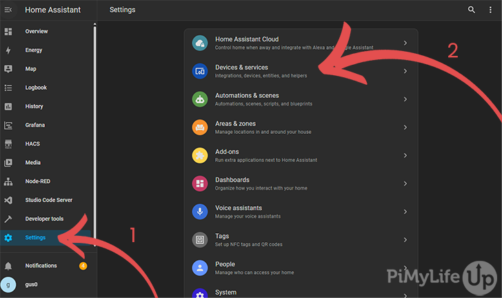 Home Assistant Settings Page - Go to Devices and Services