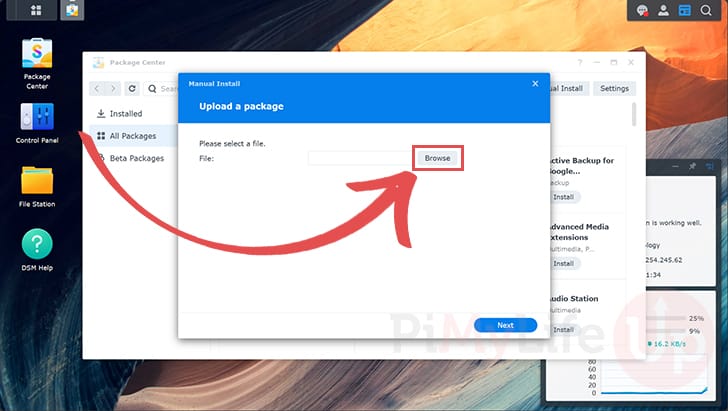 Browse to select the Plex Package to Install to Synology NAS