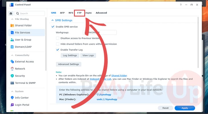 Switch to the Synology NAS FTP Services Tab