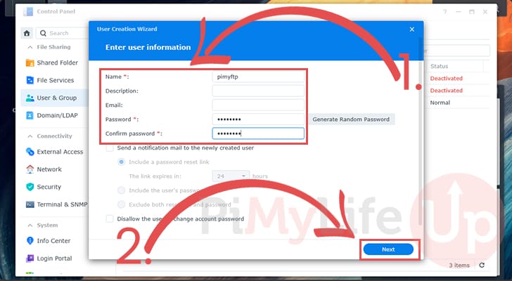 Fill out username and password for user