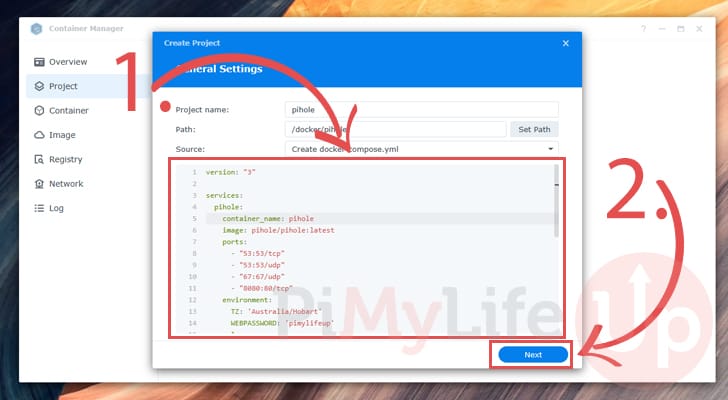 Enter Compose File for Pi-Hole on the Synology NAS