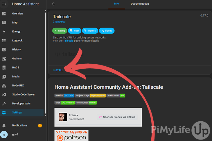 Tailscale add-on Information and Install Screen