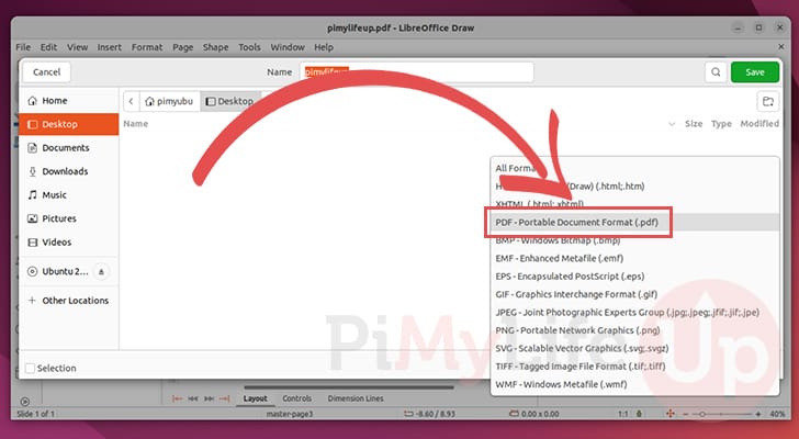 Choose to export edited file as PDF on Ubuntu
