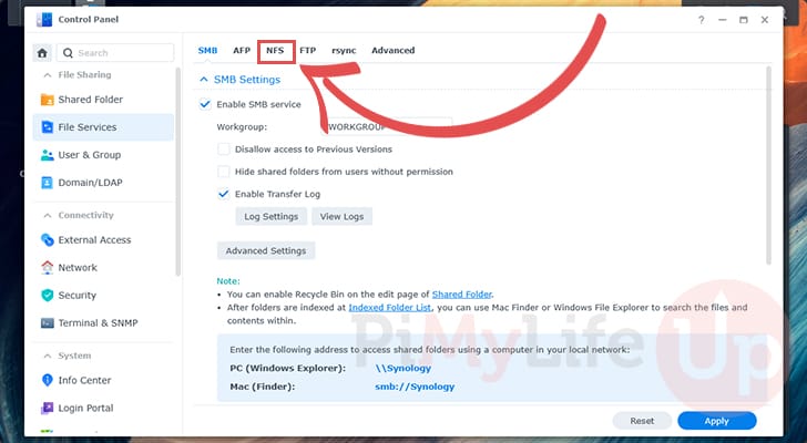 Swap to the NFS tab on the Synology NAS