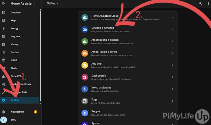 Home Assistant Settings Page - Go to Devices and Services