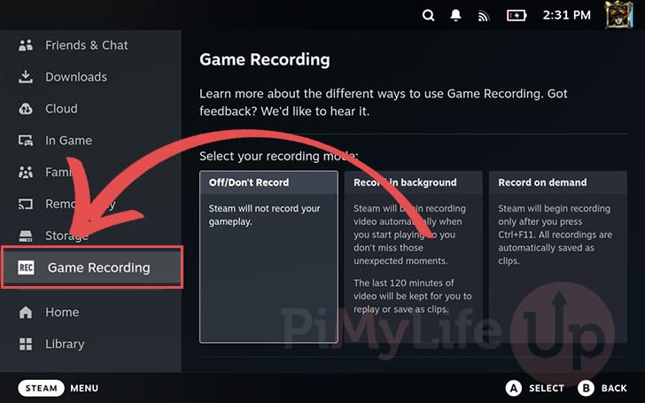 Change to the Steam Deck Game Recording menu