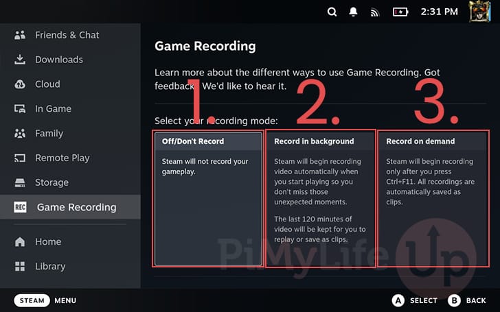 Select the Steam Deck Game Recording Mode