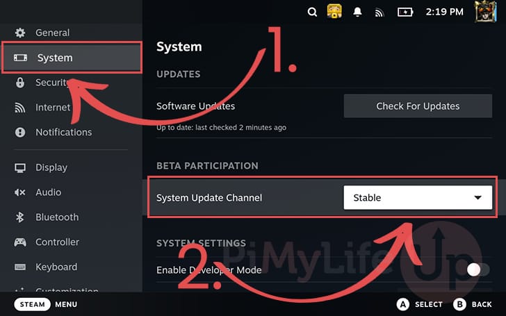 Change system update channel to beta