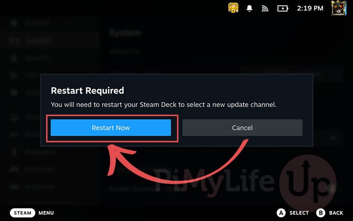 Restart steam deck to change release channel