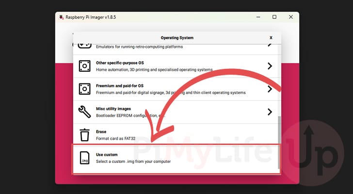 Select the PiFi OpenWRT Custom Image for the Raspberry Pi