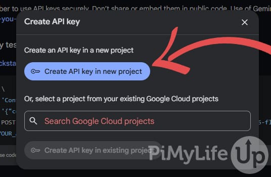 Create API key in a new project