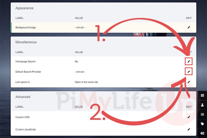 Find and change Heimdall Dashboard Docker Search Settings