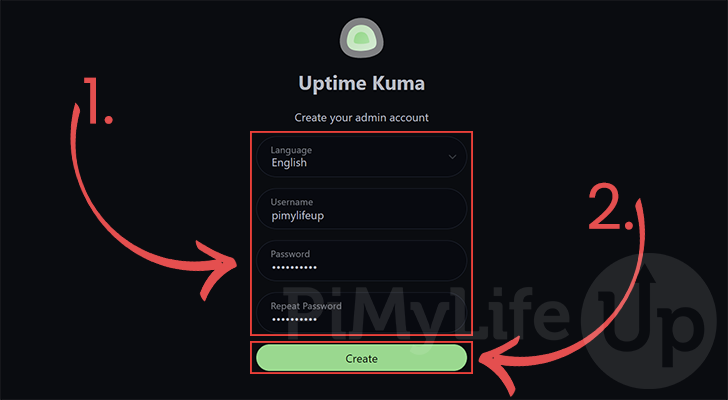 Initial setup screen of Uptime Kuma on Docker