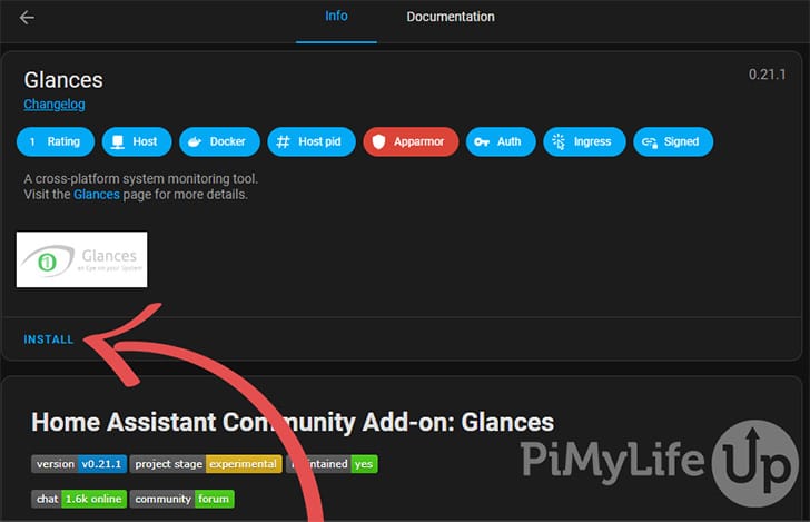 Select Install on the Glances Info Page