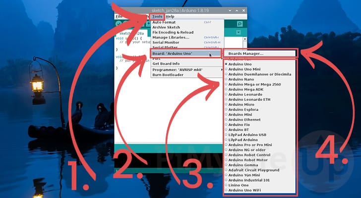 Select Arduino to Program from your Raspberry Pi or Open Board Manager