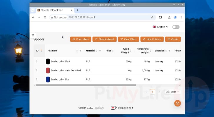 Spoolman running on a Raspberry Pi