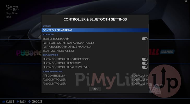 List of different controller settings