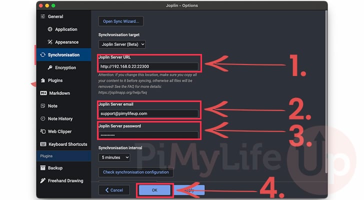 Update Joplin with your Raspberry Pi Joplin Server Details