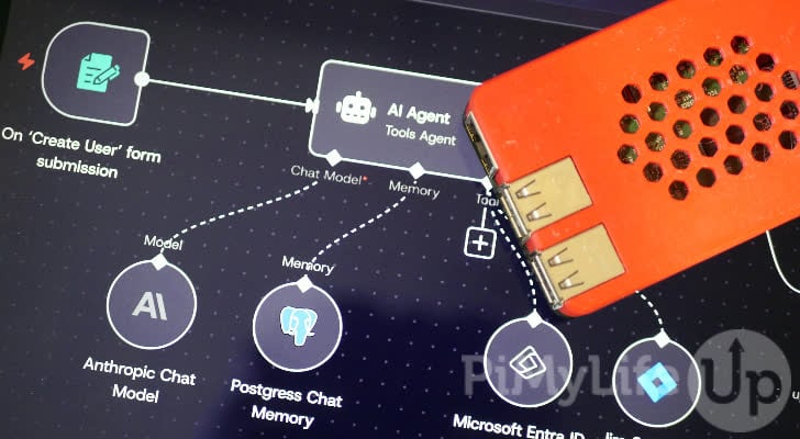 An n8n workflow with nodes like AI Agent, Chat Model, and Memory connected on a canvas, next to a Raspberry Pi.